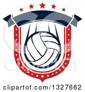 Poster, Art Print Of Red White And Blue Volleyball Shield With Stars And A Blank Banner