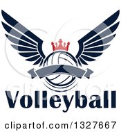 Poster, Art Print Of Navy Blue Winged Crowned Volleyball With A Blank Banner Over Text