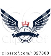 Poster, Art Print Of Navy Blue Winged Crowned Volleyball With A Blank Banner
