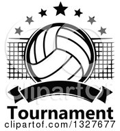 Poster, Art Print Of Black And White Volleyball With Stars A Net And Blank Banner Over Tournament Text