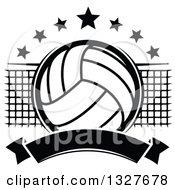Poster, Art Print Of Black And White Volleyball With Stars A Net And Blank Banner