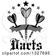 Clipart Of Black And White Throwing Darts With Stars And A Banner Over Text Royalty Free Vector Illustration