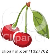 Poster, Art Print Of Cartoon Cherries On A Stem With A Leaf