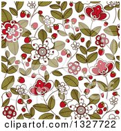 Poster, Art Print Of Seamless Background Pattern Of Doodled Strawberry Blossoms Plants And Berries