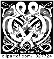 Clipart Of A White Celtic Knot Dragons On Black 4 Royalty Free Vector Illustration