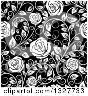 Poster, Art Print Of Seamless Background Pattern Of White Roses And Leaves Over Black 2