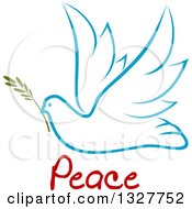 Poster, Art Print Of Sketched Light Blue Flying Peace Dove With A Branch And Text