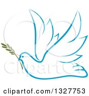 Poster, Art Print Of Sketched Light Blue Flying Peace Dove With A Branch
