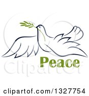 Poster, Art Print Of Sketched Flying Navy Blue Peace Dove With A Branch And Text