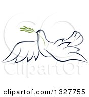 Poster, Art Print Of Sketched Flying Navy Blue Peace Dove With A Branch