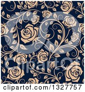 Poster, Art Print Of Seamless Pattern Of Tan Roses On Navy Blue 2