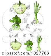Cartoon Green Onions Or Leeks Pattypan Squash Kohlrabis With Faces And Hands