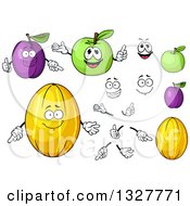 Poster, Art Print Of Cartoon Plums Green Apples And Canary Melons Faces And Hands