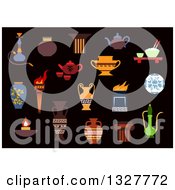 Flat Design Ancient Torch Stone Fire Bowls Amphoras Copper And Ceramic Teapots Oil Lamp Hookah Pipe Tea Services Vases Jug And Plates