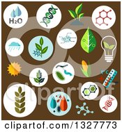 Poster, Art Print Of Flat Design Agricultural Crops Chemical Formulas Pests Models Of Dna And Cells Weather Sun Water And Temperature Control Symbols On Brown