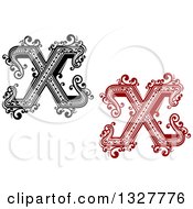 Clipart Of Retro Black And White And Red Capital Letter X Designs With Flourishes Royalty Free Vector Illustration