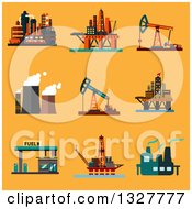 Poster, Art Print Of Flat Design Offshore Oil Platforms Oil Pump Jacks Oil Refinery Plants Thermal Power Plant And Filling Station Over Orange