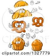 Clipart Of Cartoon Faces Hands Croissants Pretzels And Muffins Royalty Free Vector Illustration