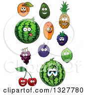 Poster, Art Print Of Cartoon Apricot Avocado Pineapple Mango Watermelon Blackberry Grapes Plum Lime And Cherry Characters