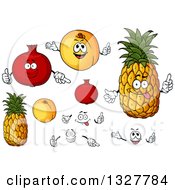 Poster, Art Print Of Cartoon Pomegranate Apricot And Pineapple Characters Faces And Hands