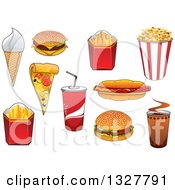 Clipart Of Cartoon Ice Cream Burgers French Fries Popcorn Hot Dog Soda Pizza And Coffee Royalty Free Vector Illustration