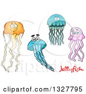 Clipart Of Cartoon Yellow Blue And Pink Jellyfish Royalty Free Vector Illustration