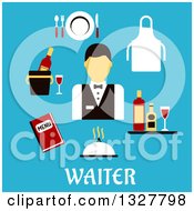 Flat Design Waiter With Items Over Text On Blue