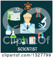 Clipart Of A Flat Design Scientist With Items Over Text On Teal Royalty Free Vector Illustration
