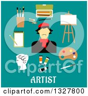 Flat Design French Artist With Utensils Over Text On Turquoise