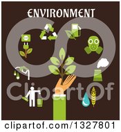 Poster, Art Print Of Flat Design Hand Holding Green Tree Surrounded By Bio Fuel Recycling Green Energy Pollution Industry Emissions Icons On Brown
