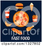 Clipart Of A Flat Design Pizza And Junk Foods Over Text On Blue Royalty Free Vector Illustration