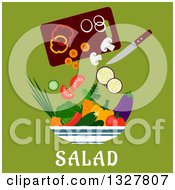 Flat Design Cutting Board With Veggies In A Salad Bowl Over Text On Green