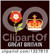 Flat Design Great Britain Tudor Rose And Coronation St Edwards Crown Over Text