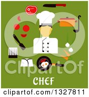 Poster, Art Print Of Flat Design Male Chef With Food Over Text On Green
