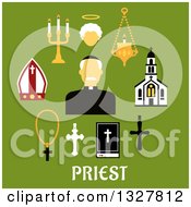 Poster, Art Print Of Flat Design Catholic Priest In Black Robe Clerical Collar And Zucchetto Encircled By Church Building Crosses Bible Mitre Candelabras And Angel Silhouette