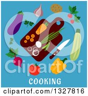 Clipart Of A Flat Design Cutting Board With Veggies On Blue With Text Royalty Free Vector Illustration