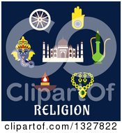 Flat Design Ganesha God National Flag Element Ashoka Chakra Wheel Hamsa Hand Amulet Brass Teapot Ethnic Jewelry Diwali Lamp And Taj Mahal Over Text On Blue