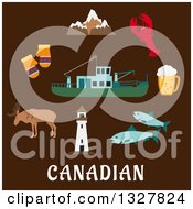 Flat Design Of The Rocky Mountains Lighthouse Elk Mittens Beer Tankard Lobster Fish And Fishing Trawler Over Canadian Text On Brown