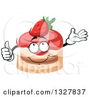Poster, Art Print Of Cartoon Strawberry Cake Character Giving A Thumb Up And Presenting