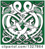 Clipart Of A White Celtic Knot Dragons On Green 3 Royalty Free Vector Illustration