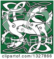 Clipart Of A White Celtic Knot Dragons On Green 4 Royalty Free Vector Illustration