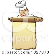 Poster, Art Print Of Cartoon Happy White Male Chef Holding A Rolling Pin Menu