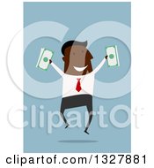 Poster, Art Print Of Flat Design Black Businessman Jumping With Cash Money Over Blue
