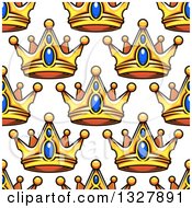 Clipart Of A Seamless Patterned Background Of Ornate Gold And Sapphire Crowns On White Royalty Free Vector Illustration