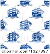 Poster, Art Print Of Seamless Patterned Background Of Blue Ships 2