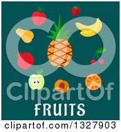 Poster, Art Print Of Flat Design Pinepple And Other Fruits Over Text On Teal