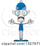 Clipart Of A Cartoon Skinny Scared Winter Robot Royalty Free Vector Illustration