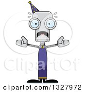 Clipart Of A Cartoon Skinny Scared Robot Wizard Royalty Free Vector Illustration