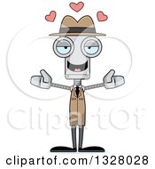 Poster, Art Print Of Cartoon Skinny Robot Detective With Open Arms And Hearts