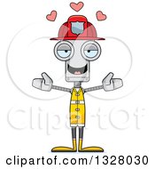 Poster, Art Print Of Cartoon Skinny Robot Firefighter With Open Arms And Hearts